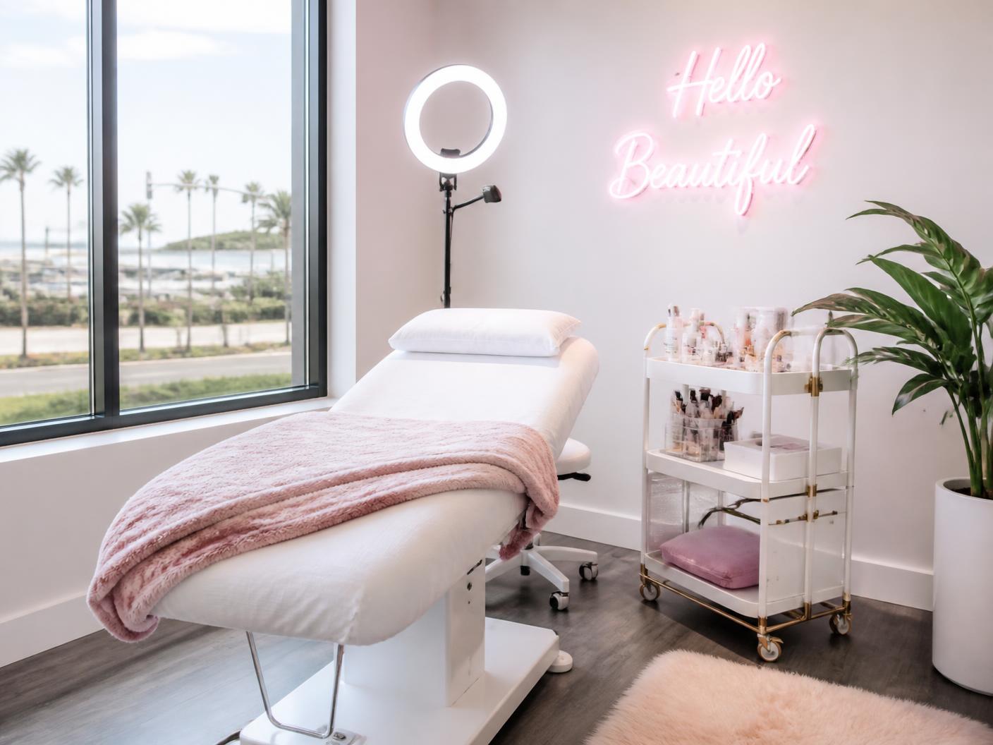 Soft pink interior of the Wink Lash Studio treatment room